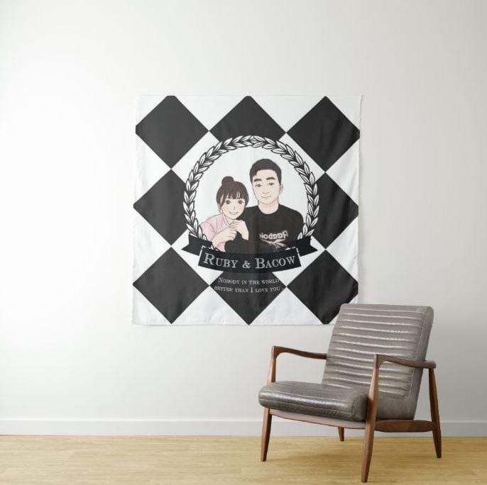 黑白菱格款式個人化插畫掛布-Black & White diamond stripe couple tapestry - HKGIFTFORU