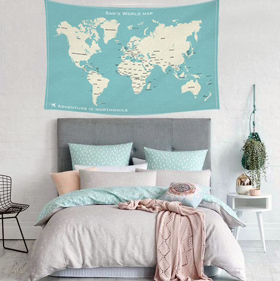 個人化藝術掛布-世界地圖(湖水綠款)-World map (cotton green) design - HKGIFTFORU