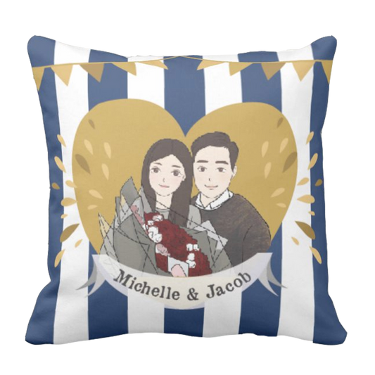 情侶藍色間插畫款式客製抱枕-Blue Strip Customize Cushion - HKGIFTFORU