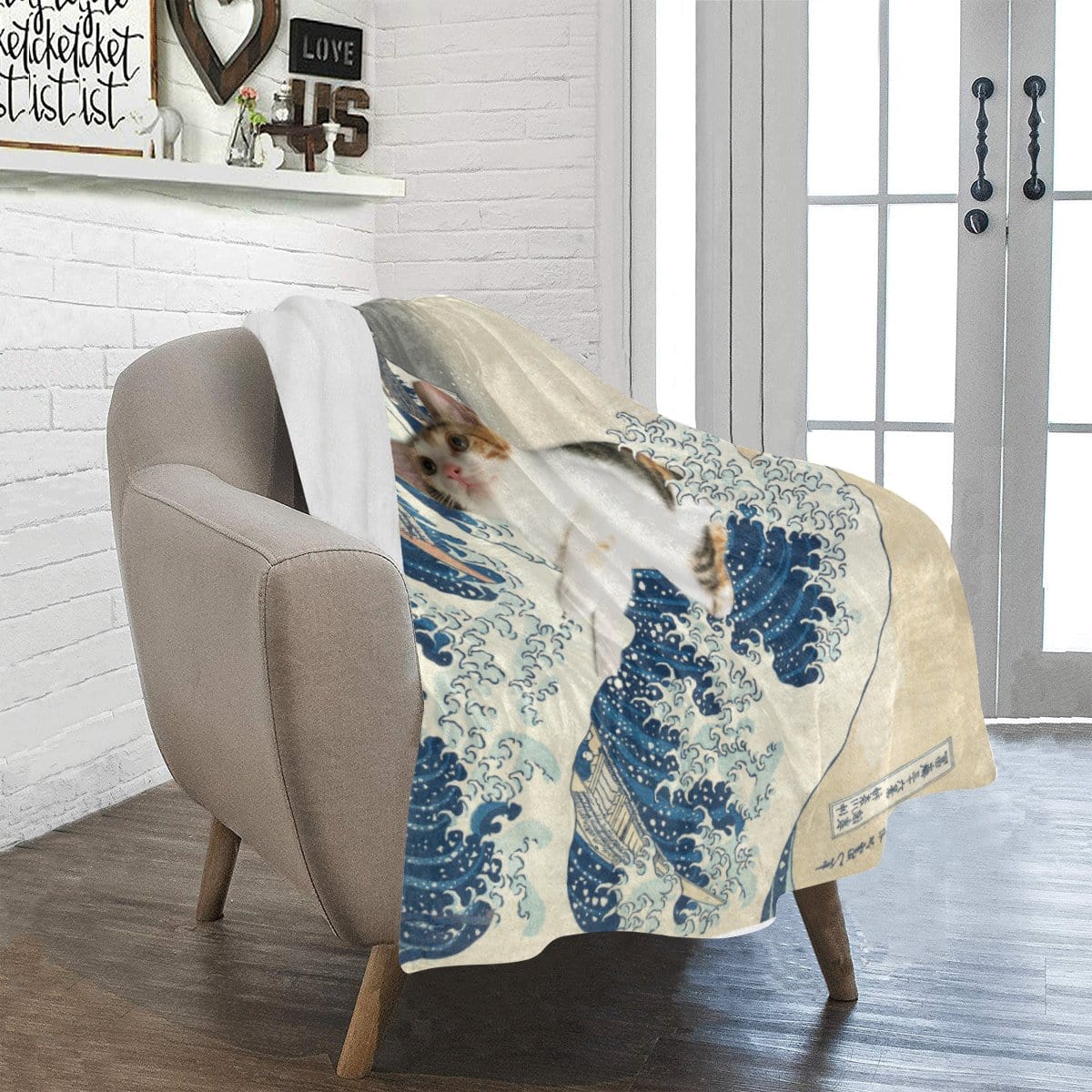 經典日本名畫-巨浪x寵物照片毛毯 The Cat in Great Wave of Kanagawa Blanket - HKGIFTFORU