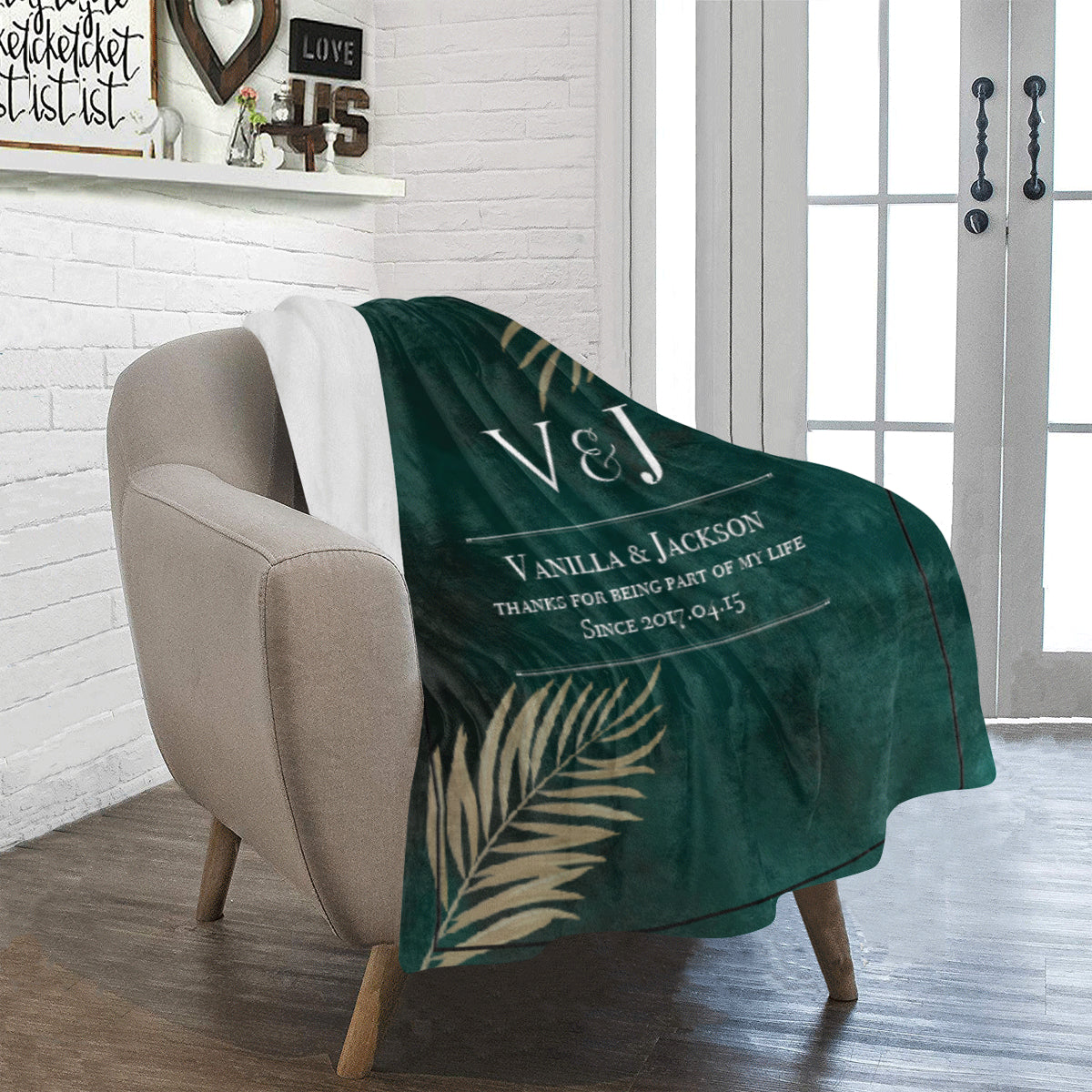 墨綠金葉文字定制毛毯-Luxury Green with gold leaves Word Custom Blanket - HKGIFTFORU