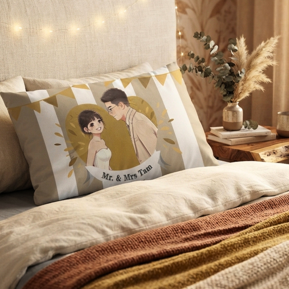 Custom Couple Portrait Throw Pillow Cover - Personalized with Heart & Striped Design