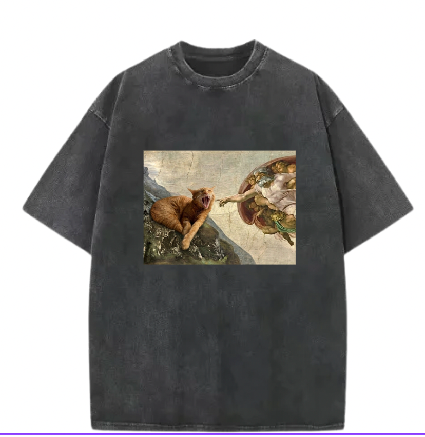 【創世紀 客製寵物插畫T-shirt】美式復古洗水款 米開朗基羅名畫