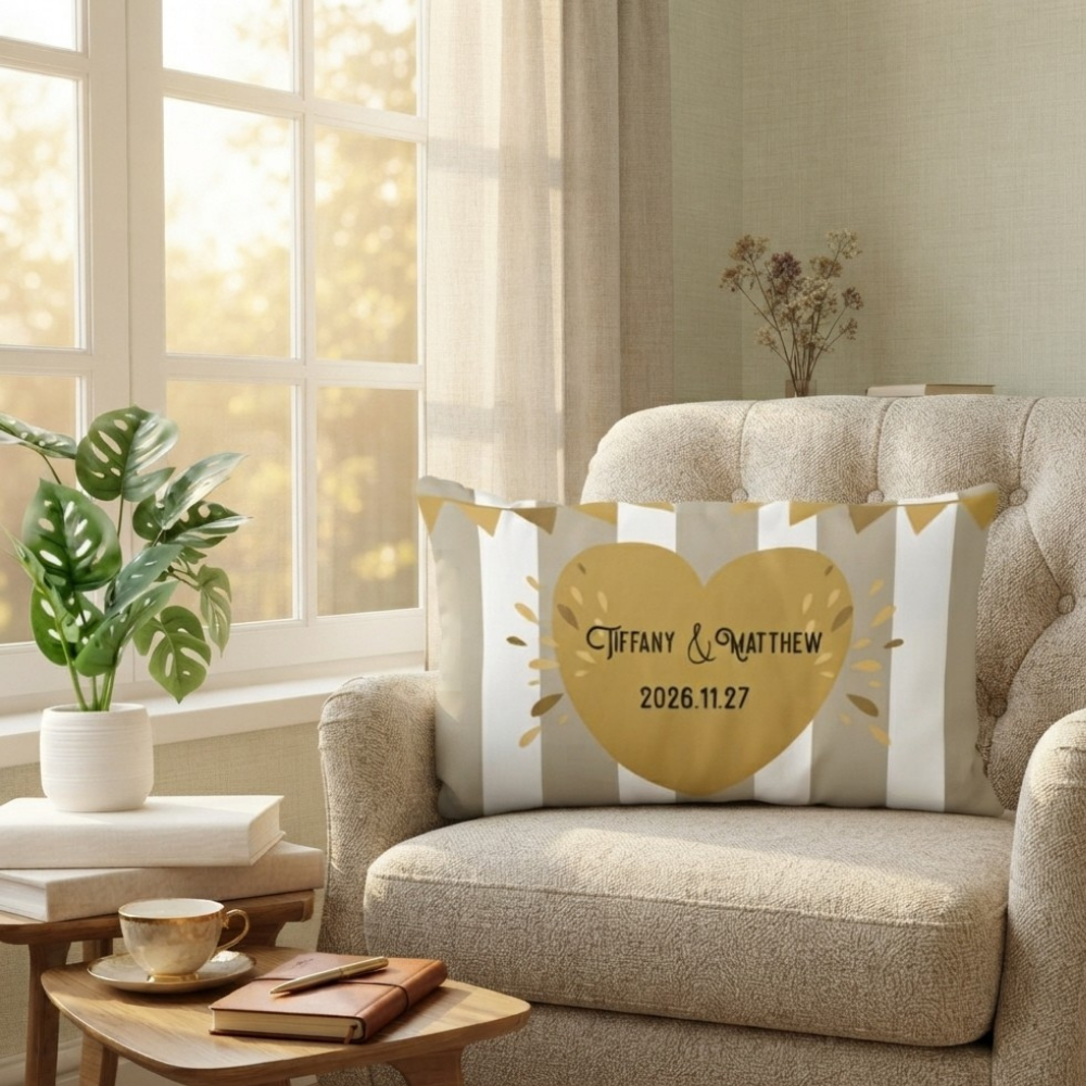 Custom Couple Portrait Throw Pillow Cover - Personalized with Heart & Striped Design