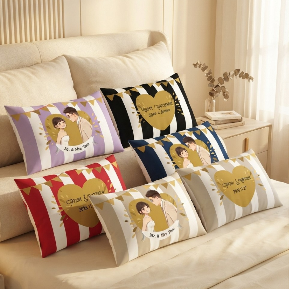 Custom Couple Portrait Throw Pillow Cover - Personalized with Heart & Striped Design