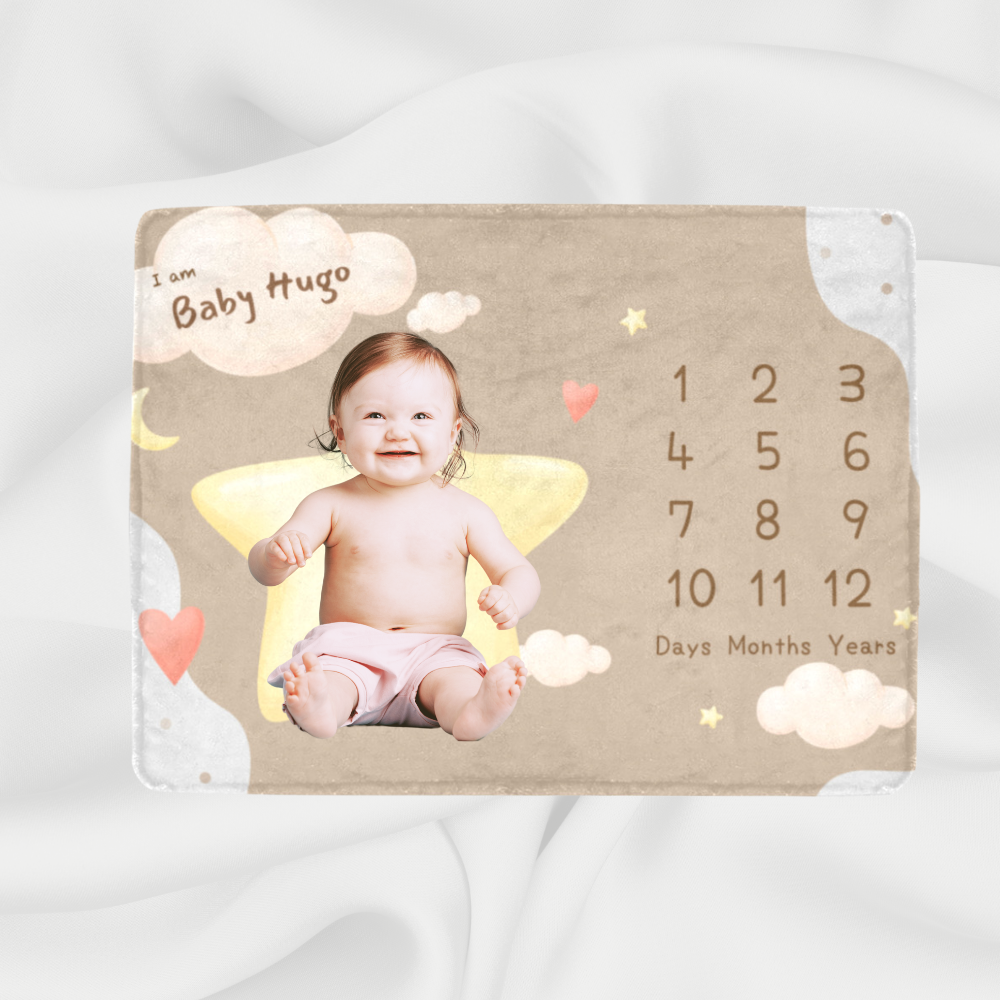 個人化嬰兒成長記錄 星星月亮毛毯(Baby Boy) -Customize Baby milestone blanket Star & Moon -Baby Boy - HKGIFTFORU