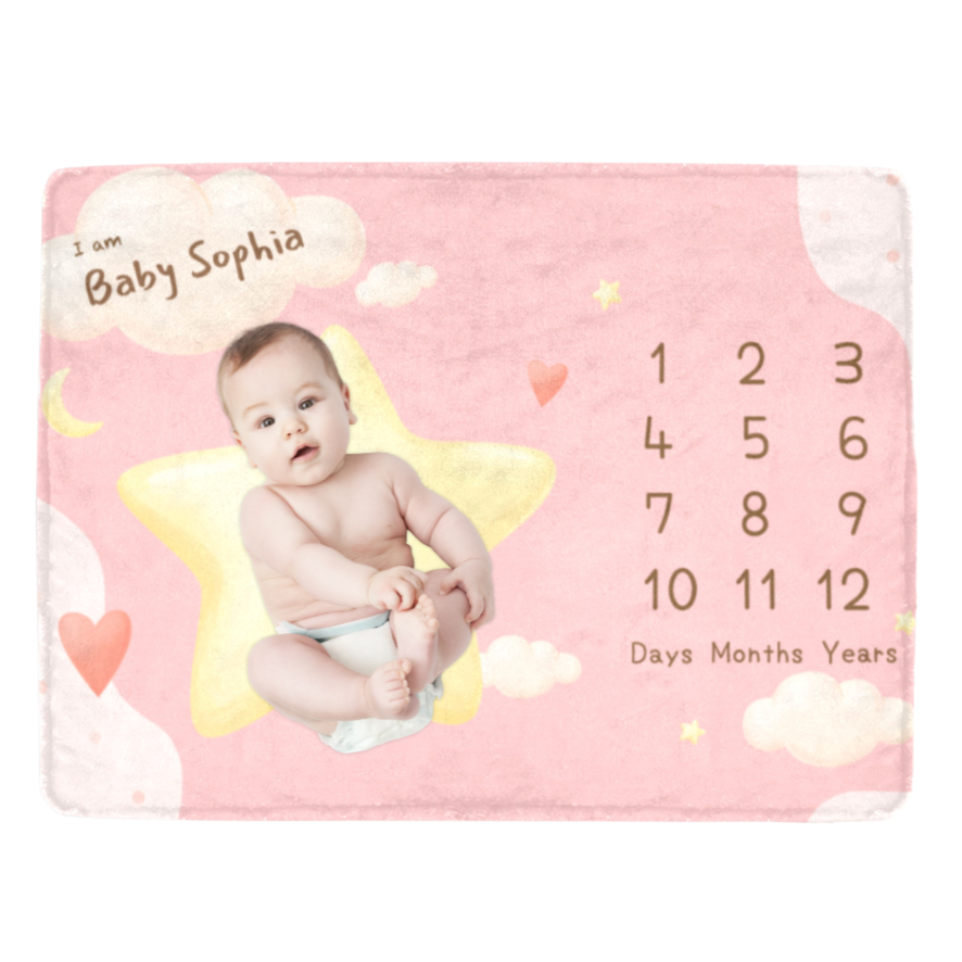 個人化嬰兒成長記錄 星星月亮毛毯(Baby Girl) -Customize Baby milestone blanket Star & Moon -Baby Girl - HKGIFTFORU