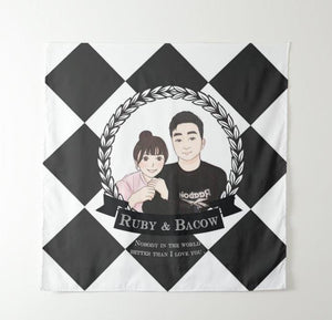 黑白菱格款式個人化插畫掛布-Black & White diamond stripe couple tapestry - HKGIFTFORU