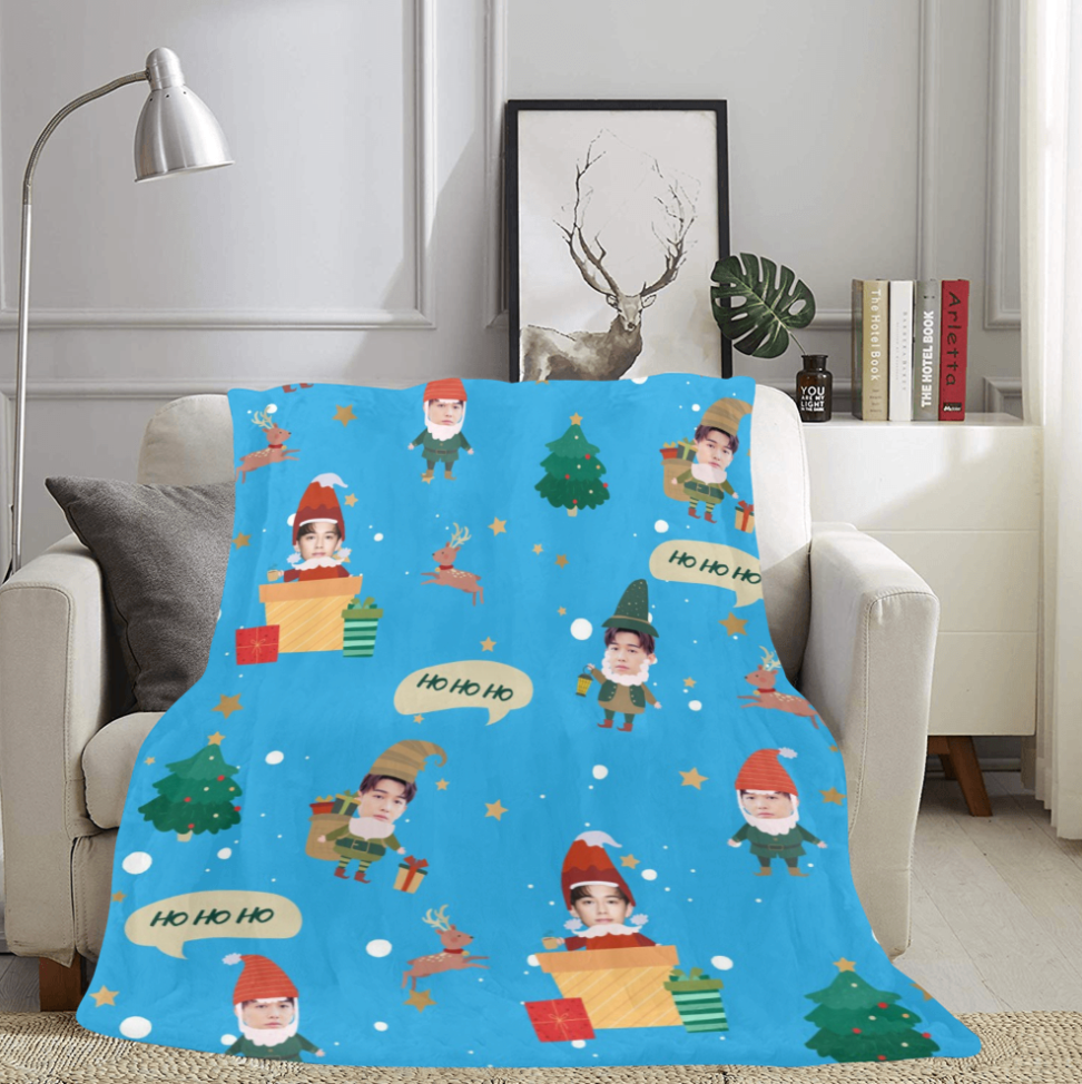 聖誕禮物-客製化聖誕小精靈 頭像毛毯(藍色) Elf on the blanket-Customize Christmas Gift for friends Blue - HKGIFTFORU