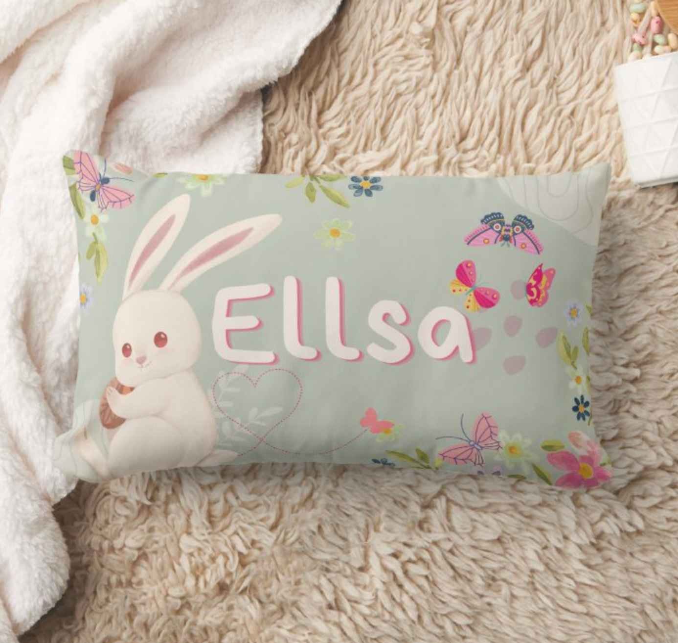 名字客製枕頭套-可愛兔仔綠色蝴蝶款式 - HKGIFTFORU